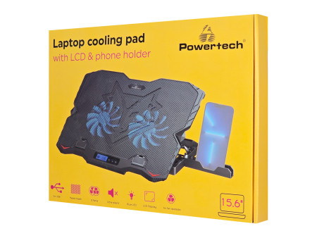 POWERTECH βάση & ψύξη laptop PT-1346, έως 15.6", 2x 125mm LED fan, μαύρη