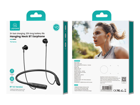 USAMS earphones YQ24 με μαγνήτη, Bluetooth, 130mAh, μαύρα