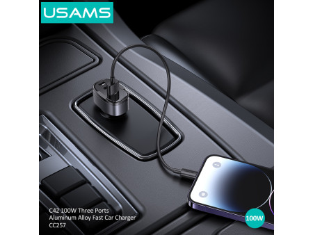 USAMS φορτιστής αυτοκινήτου US-CC257, USB/USB-C/Lightning, 100W, γκρι