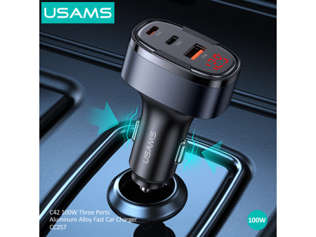 USAMS φορτιστής αυτοκινήτου US-CC257, USB/USB-C/Lightning, 100W, γκρι