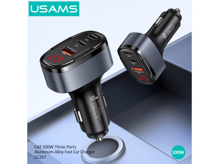 USAMS φορτιστής αυτοκινήτου US-CC257, USB/USB-C/Lightning, 100W, γκρι