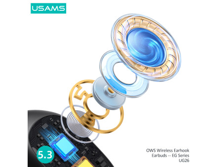 USAMS earphones με θήκη φόρτισης UG26, OWS, Φ14.2mm, 50/300mAh, μαύρα