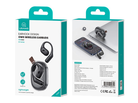 USAMS earphones με θήκη φόρτισης UG26, OWS, Φ14.2mm, 50/300mAh, μαύρα