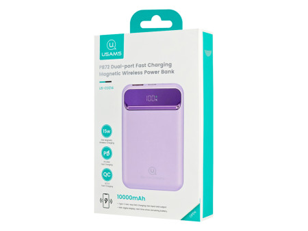 USAMS power bank US-CD214, 2x έξοδοι, wireless, 10000mAh, 20W, μωβ