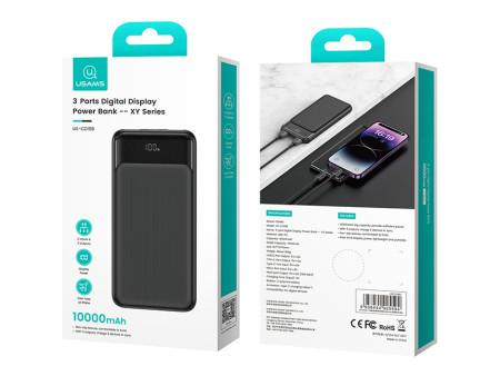 USAMS power bank US-CD198, 3x θύρες εξόδου, 10000mAh, 10W, μαύρο