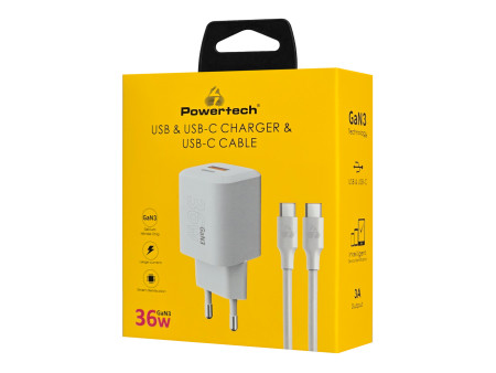 POWERTECH φορτιστής τοίχου PT-1351 με καλώδιο, USB/USB-C, 36W, GaN, λευκός