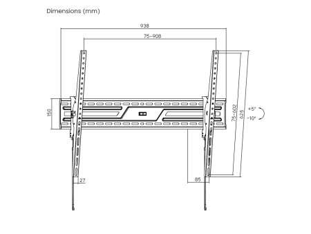 POWERTECH επιτοίχια βάση PT-1368 για τηλεόραση 43-100", έως 75kg, ρυθμιζόμενη κλίση