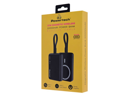 POWERTECH power bank PT-1376 με καλώδιο, 10000mah, magnetic wireless, 20W, μαύρο