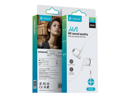 CELEBRAT earphones με μικρόφωνο G35, 3.5mm σύνδεση, 10mm, 1.2m, λευκά