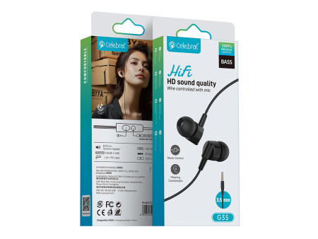 CELEBRAT earphones με μικρόφωνο G35, 3.5mm σύνδεση, 10mm, 1.2m, μαύρα