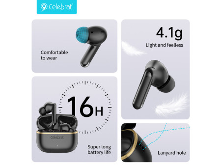 CELEBRAT earphones με θήκη φόρτισης WD03, True Wireless, 13mm, 30/300mAh, μαύρα