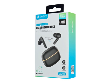 CELEBRAT earphones με θήκη φόρτισης WD03, True Wireless, 13mm, 30/300mAh, μαύρα