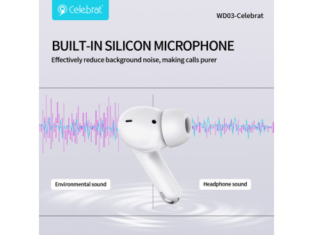 CELEBRAT earphones με θήκη φόρτισης WD03, True Wireless, 13mm, 30/300mAh, λευκά