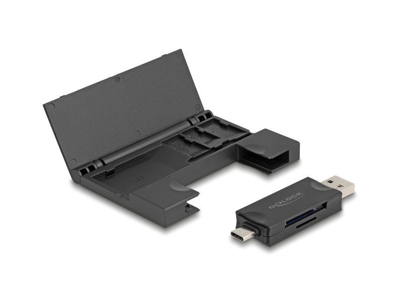 DELOCK card reader 91014 για SD & micro SD, με θήκη, USB/USB-C, 5Gbps, μαύρο