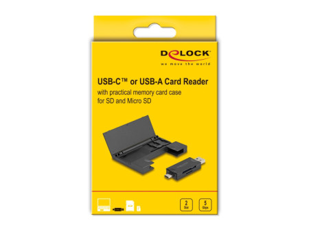 DELOCK card reader 91014 για SD & micro SD, με θήκη, USB/USB-C, 5Gbps, μαύρο