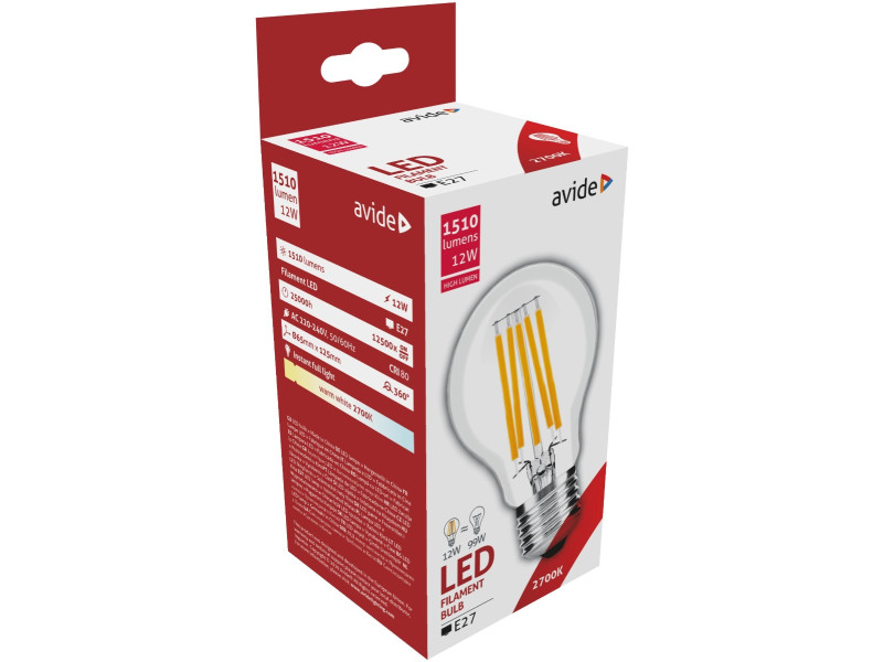 Avide LED Filament Κοινή 12W E27 A65 360° Θερμό 2700K Υψηλής Φωτεινότητας | ATC | 15.001.0236