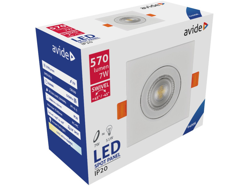 Avide LED Χωνευτό Σπότ 38° Τετράγωνο 7W Ψυχρό 6400K | ATC | 15.001.0606