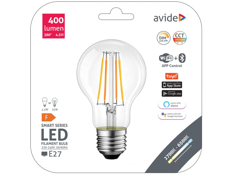 Avide LED Smart Filament Κοινή A60 4.5W CCT WIFI + BLE APP Control | ATC | 15.001.0710