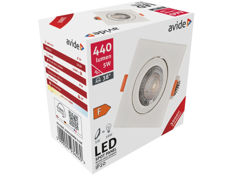 Avide LED Χωνευτό Σπότ 38° Τετράγωνο 5W Θερμό 3000K | ATC | 15.001.0754