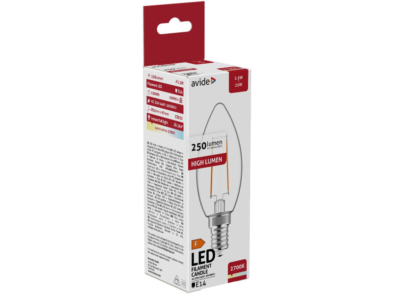 Avide LED Filament Κερί 2.5W E14 360° Θερμό 2700K Υψηλής Φωτεινότητας | ATC | 15.001.0987