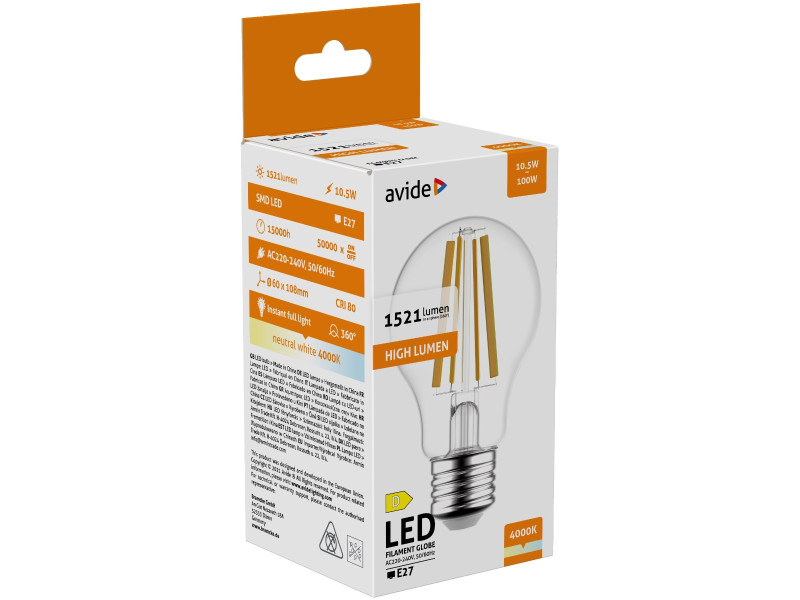 Avide LED Filament Κοινή 10.5W E27 A70 Λευκό 4000K Υψηλής Φωτεινότητας | ATC | 15.001.1309