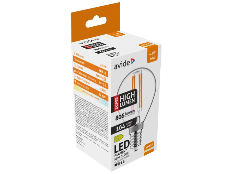 Avide LED Filament Σφαιρική 4.9W E14 Λευκό 4000K Super Υψηλής Φωτεινότητας | ATC | 15.001.1927