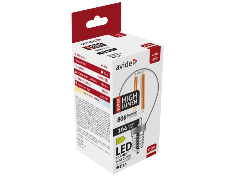 Avide LED Filament Σφαιρική 4.9W E14 Θερμό 2700K Super Υψηλής Φωτεινότητας | ATC | 15.001.1928