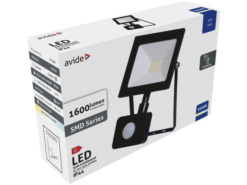 Avide LED Προβολέας Slim SMD 20W Ψυχρό 6400K Φωτοκύτταρο Value | ATC | 15.001.1652