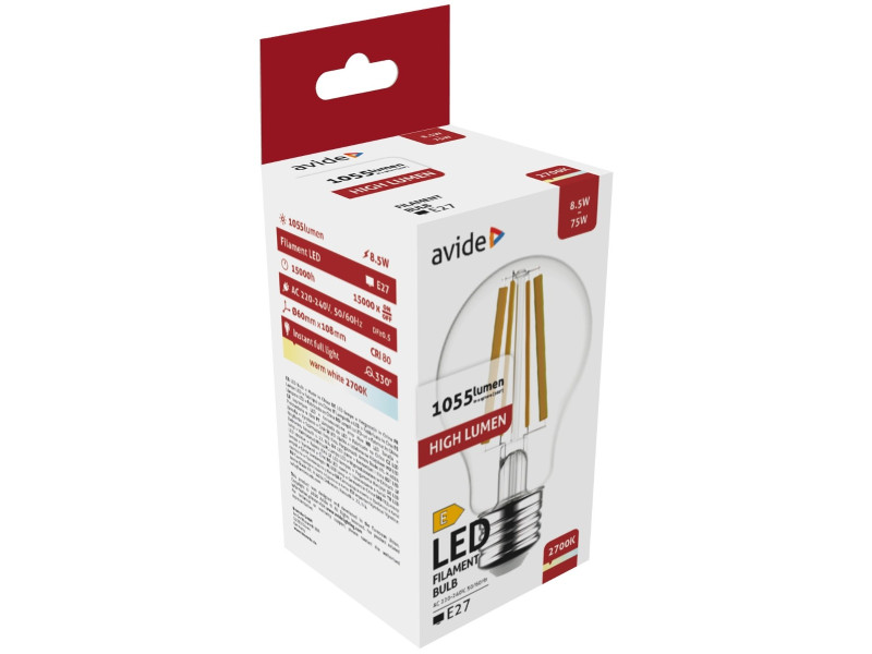 Avide LED Filament Κοινή 8.5W E27 Θερμό 2700K Υψηλής Φωτεινότητας | ATC | 15.001.1724