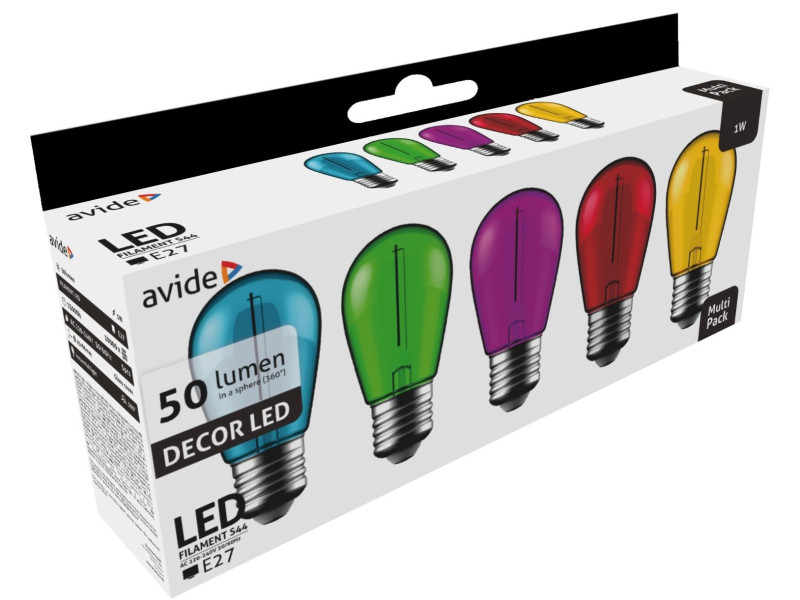 Avide LED Διακοσμητική Λάμπα Filament 1W E27 (5τμχ) (Πράσινο/Μπλέ/Κίτρινο/Κόκκινο/Μώβ) | ATC | 15.001.1700