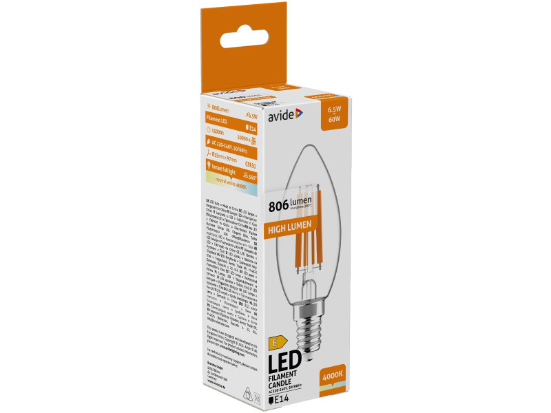 Avide LED Filament Κερί 6.5W E14 Λευκό 4000K Υψηλής Φωτεινότητας | ATC | 15.001.1719