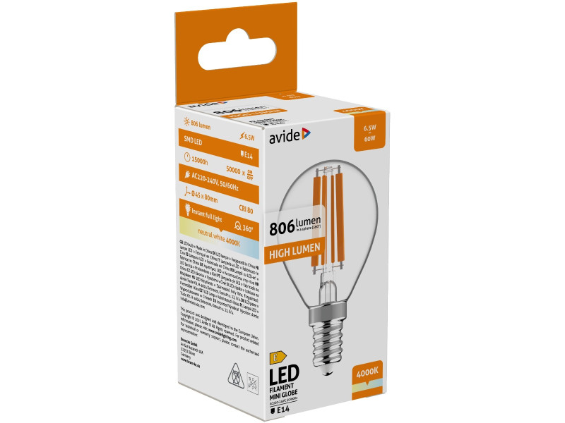 Avide LED Filament Σφαιρική 6.5W E14 Λευκό 4000K Υψηλής Φωτεινότητας | ATC | 15.001.1727