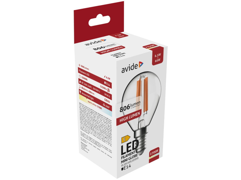 Avide LED Filament Σφαιρική 6.5W E14 Θερμό 2700K Υψηλής Φωτεινότητας | ATC | 15.001.1729