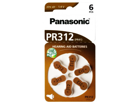 PANASONIC μπαταρίες ακουστικών βαρηκοΐας PR312, mercury free, 1.4V, 6τμχ