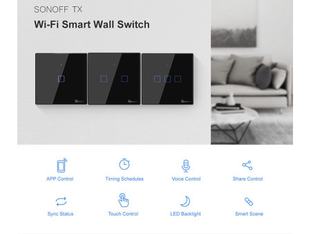 SONOFF smart διακόπτης ΤΧ-T3EU1C, αφής, Wi-Fi, μονός, μαύρος