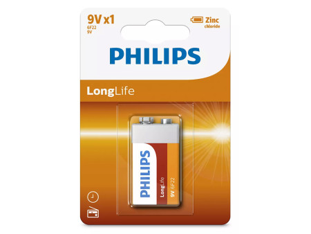 PHILIPS LongLife Zinc chloride μπαταρία 6F22L1B/10, 6F22 9V, 1τμχ