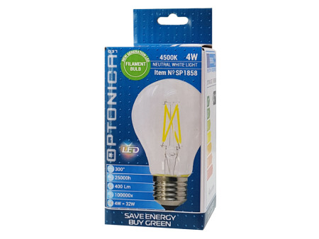 OPTONICA LED λάμπα A60 Filament 1858, 4W, 4500K, E27, 400lm