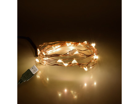 GloboStar® 79720 Διακοσμητική Γιρλάντα 2 Μέτρων 20 LED USB 5 Volt 1.2 Watt με Χάλκινο Συρμάτινο Καλώδιο Θερμό Λευκό 3000K