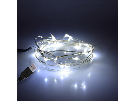 GLOBOSTAR® STRINGLIGHT 79730 Γιρλάντα 2m 20 LED 1.2W 96lm 360° DC 5V με USB 2.0 IP20 Ψυχρό Λευκό 6000Κ Dimmable - Ασημί - Μ200 x
