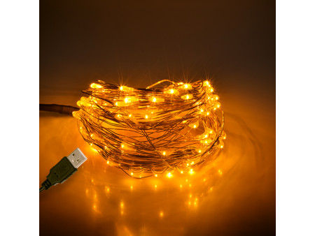 79712 Διακοσμητική Γιρλάντα 10 Μέτρων 100 LED USB 5 Volt 6 Watt με Χάλκινο Συρμάτινο Καλώδιο Θερμό Λευκό 1600K