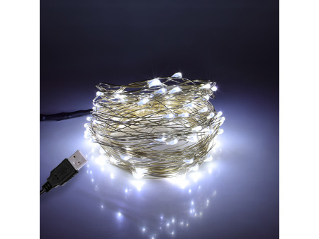 79732 Διακοσμητική Γιρλάντα 10 Μέτρων 100 LED USB 5 Volt 6 Watt με Ασημένιο Συρμάτινο Καλώδιο Ψυχρό Λευκό 6000K