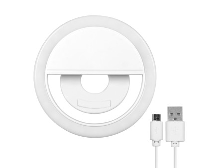 GloboStar® 79042 Selfie Ring Light LED SMD 2W 200 lm Λευκό Σώμα με Ενσωματωμένη Επαναφορτιζόμενη Μπαταρία 500mAh & Καλώδιο Φόρτι