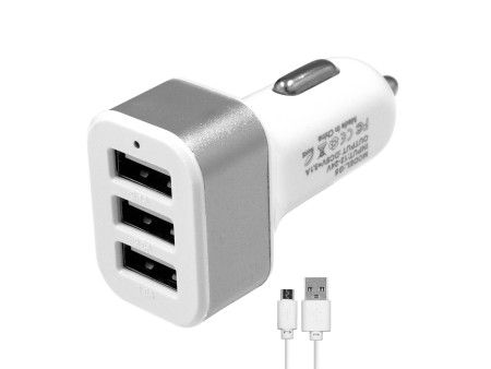 Globostar® 79501 Ασημί Φορτιστής Αυτοκινήτου DC 12-24V με 3 Εξόδους USB DC 5V Max 3.1A 20W και Καλώδιο USB σε Type-C