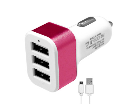 Globostar® 79504 Ροζ Φορτιστής Αυτοκινήτου DC 12-24V με 3 Εξόδους USB DC 5V Max 3.1A 20W και Καλώδιο USB σε Type-C