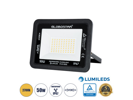GLOBOSTAR® ATLAS 61424 Προβολέας LED 50W 5750lm 120° AC 220-240V Αδιάβροχο IP67 Θερμό Λευκό 2700K - Lumileds SMD Chip - TÜV Rhei