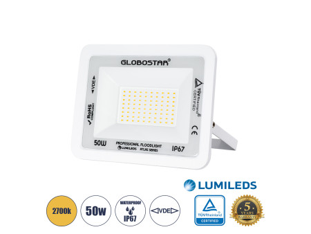 GLOBOSTAR® ATLAS 61421 Προβολέας LED 50W 5750lm 120° AC 220-240V Αδιάβροχο IP67 Θερμό Λευκό 2700K - Lumileds SMD Chip - TÜV Rhei