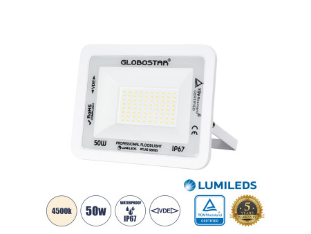 GLOBOSTAR® ATLAS 61420 Προβολέας LED 50W 6000lm 120° AC 220-240V Αδιάβροχο IP67 Φυσικό Λευκό 4500K - Lumileds SMD Chip - TÜV Rhe