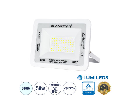 GLOBOSTAR® ATLAS 61419 Προβολέας LED 50W 6250lm 120° AC 220-240V Αδιάβροχο IP67 Ψυχρό Λευκό 6000K - Lumileds SMD Chip - TÜV Rhei