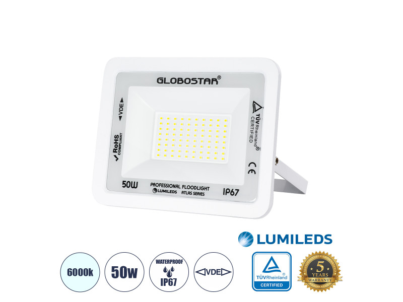 GLOBOSTAR® ATLAS 61419 Προβολέας LED 50W 6250lm 120° AC 220-240V Αδιάβροχο IP67 Ψυχρό Λευκό 6000K - Lumileds SMD Chip - TÜV Rhei