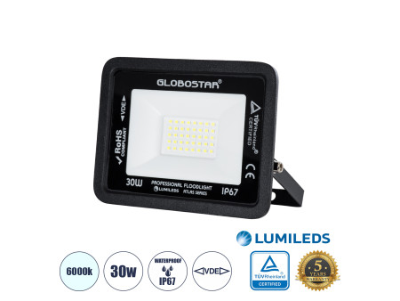 GLOBOSTAR® ATLAS 61416 Προβολέας LED 30W 3750lm 120° AC 220-240V Αδιάβροχο IP67 Ψυχρό Λευκό 6000K - Lumileds SMD Chip - TÜV Rhei